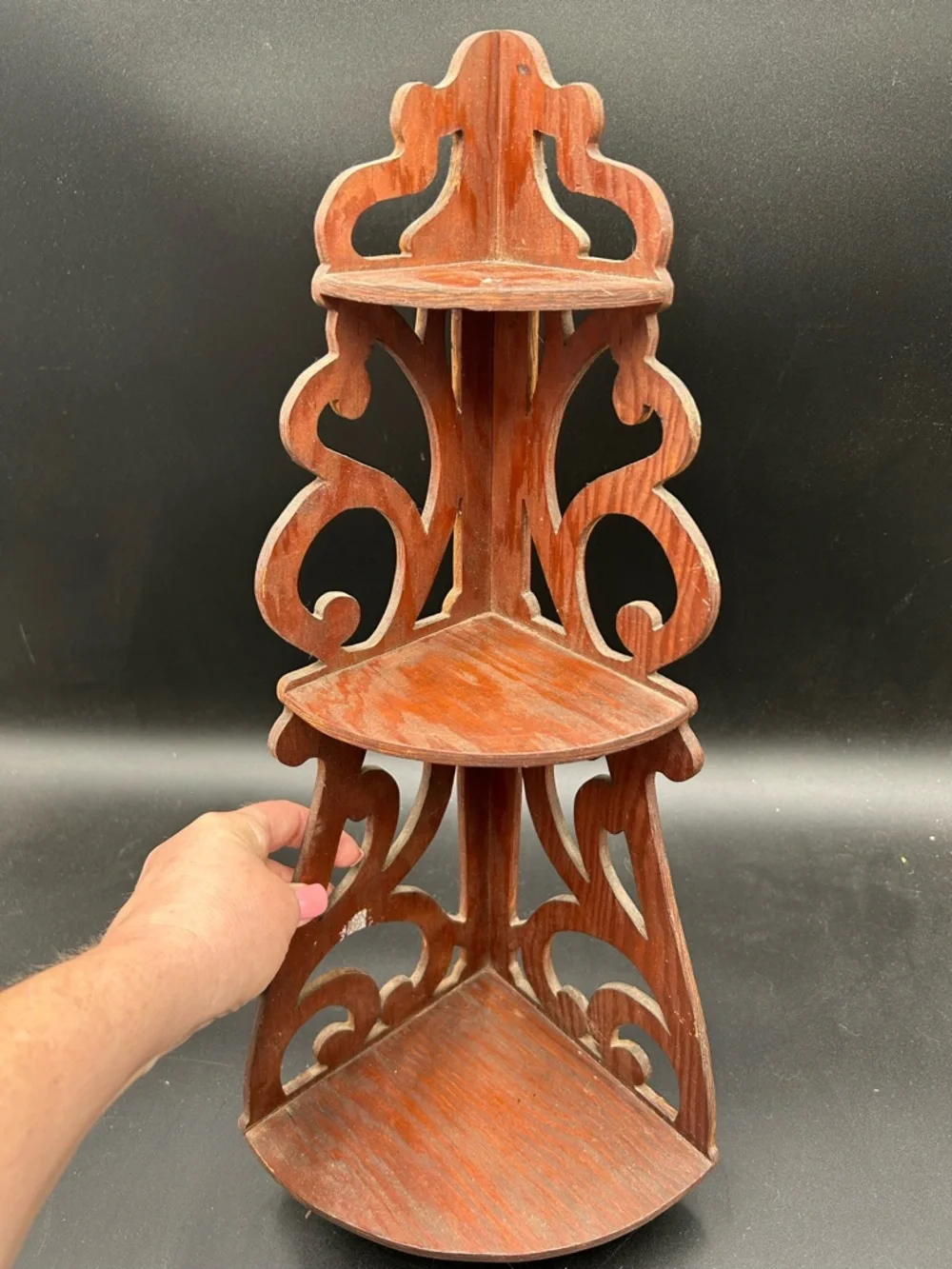 Vintage MCM scroll wood corner shelf, display shelf